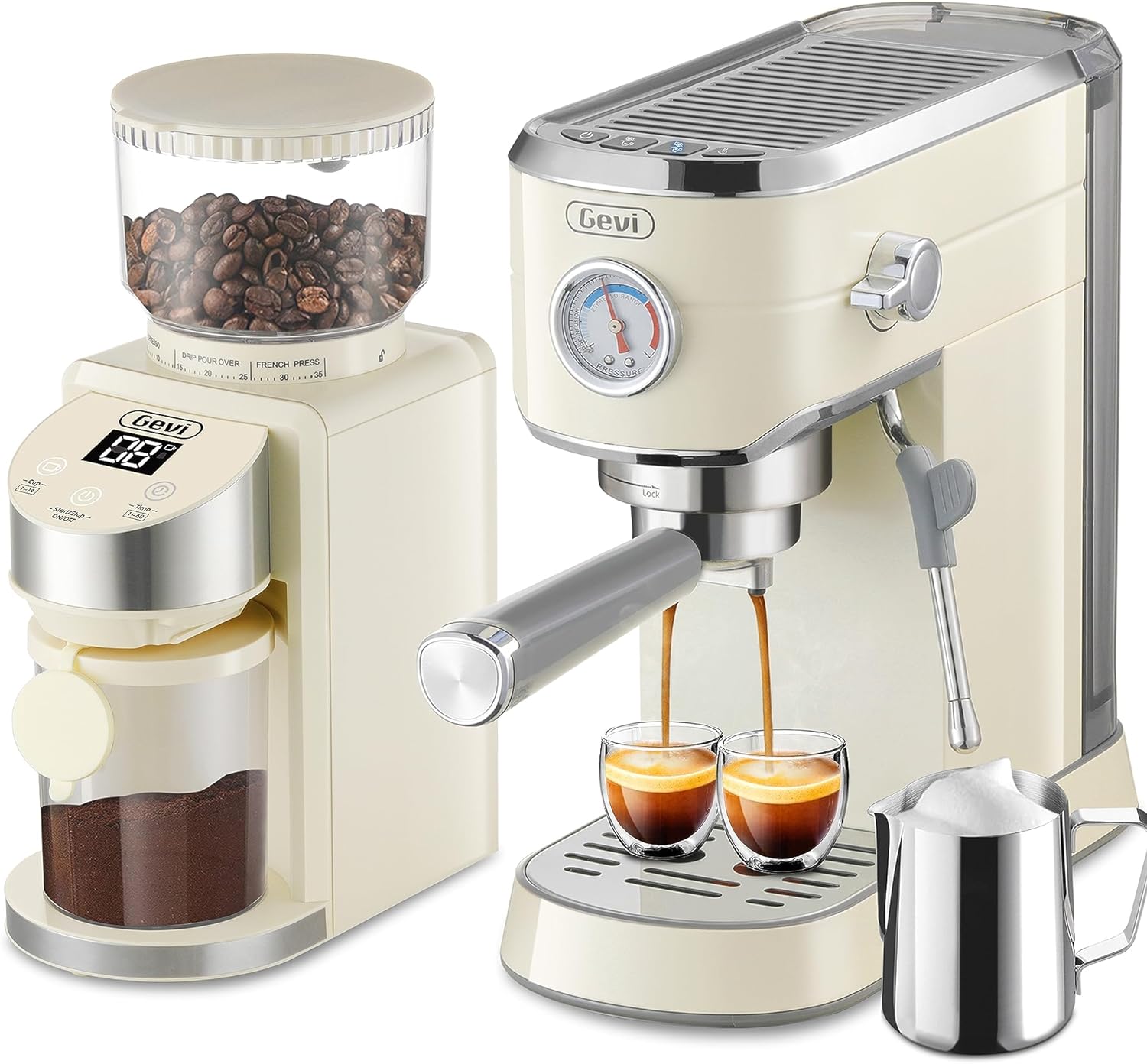 Gevi espresso grinder and machine with frother