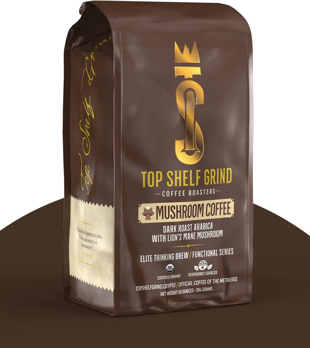 Top shelf grind mushroom coffee dark roast bag