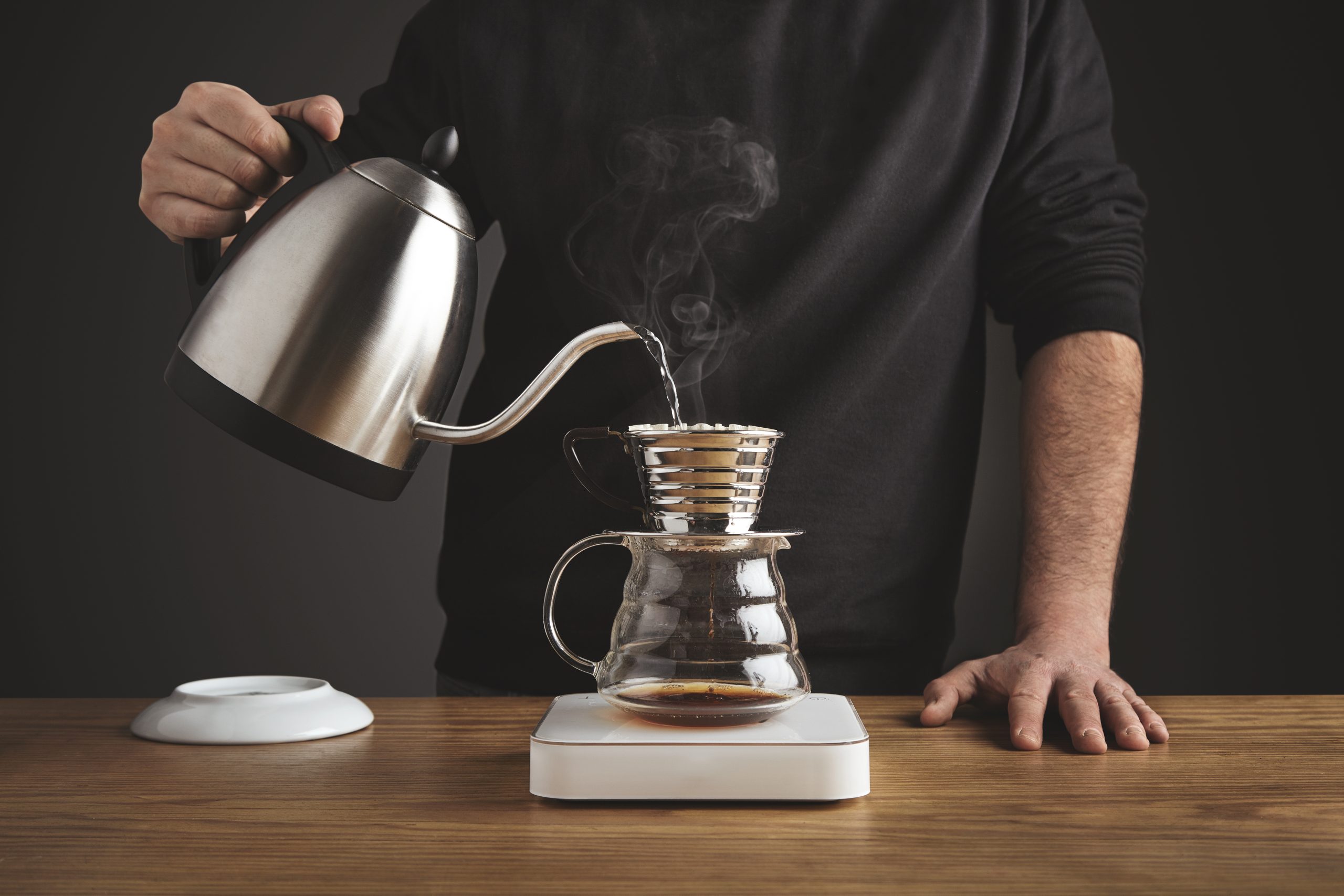 Hot boiling water pour over brewing